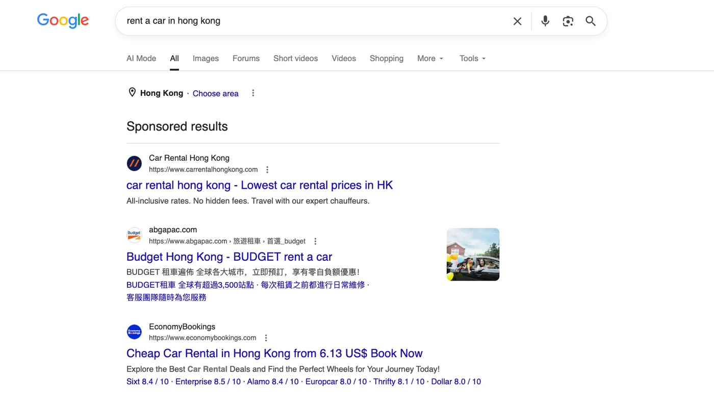 Google 搜「rent a car in hong kong」的廣告，以「No hidden fees」預先處理收費疑慮