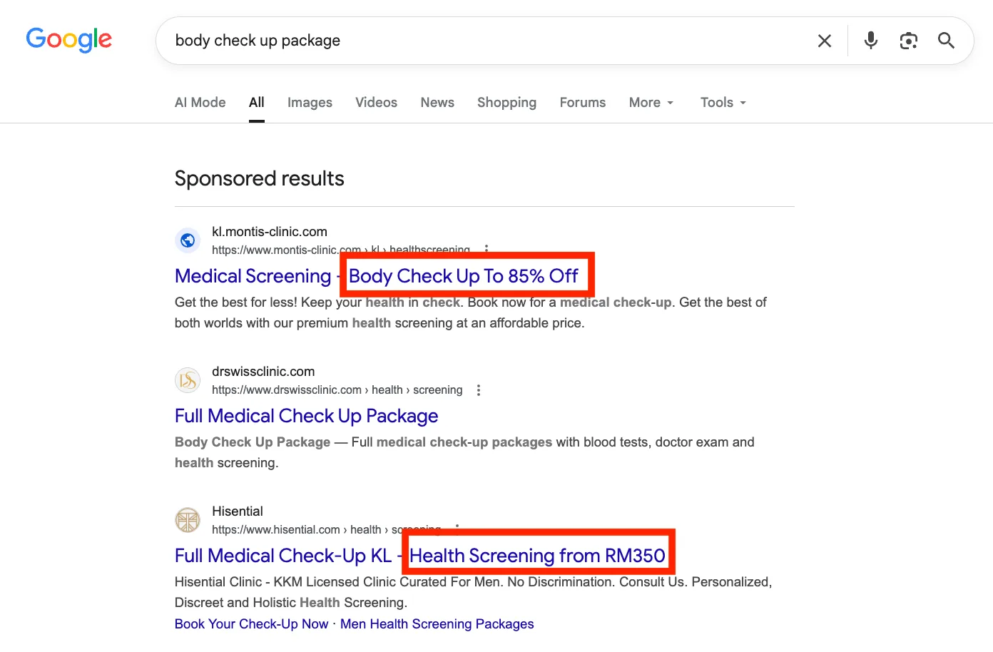 Google 搜「body check up package」的廣告，標題用數字「85% Off」及「from RM350」