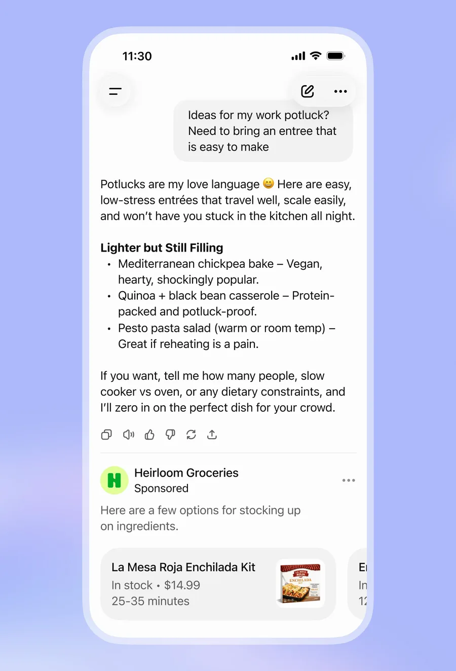 OpenAI 的 ChatGPT 廣告示例：用戶詢問聚餐菜式，ChatGPT 回答後，下方出現一個標明 Sponsored 的超市廣告，產品卡顯示價錢及存貨。圖片：OpenAI