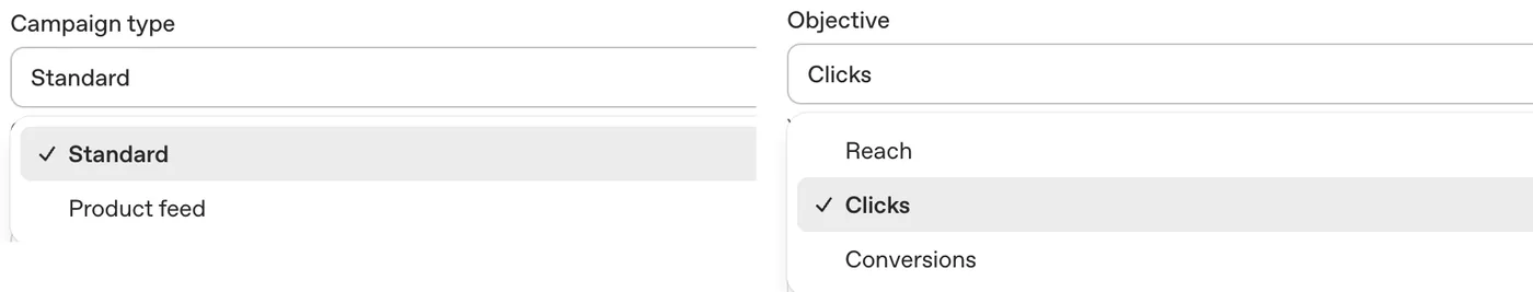 ChatGPT Ads Manager 新 campaign 表格的兩個選單：Campaign type 可選 Standard 或 Product feed，Objective 可選 Reach、Clicks 或 Conversions