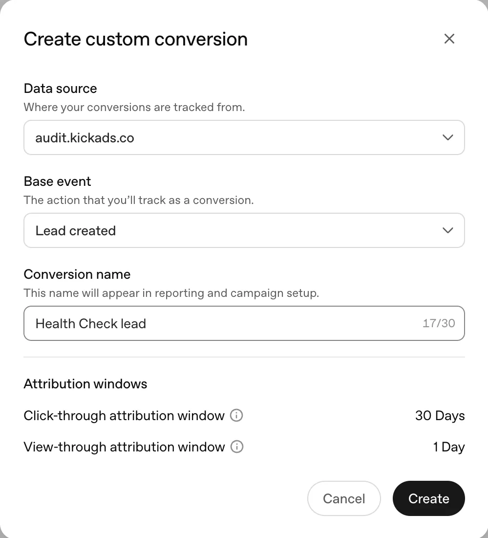 ChatGPT Ads Manager 的「Create custom conversion」表格：選擇 data source、base event 為 Lead created、填寫 conversion 名稱，歸因期是點擊後 30 日及瀏覽後 1 日