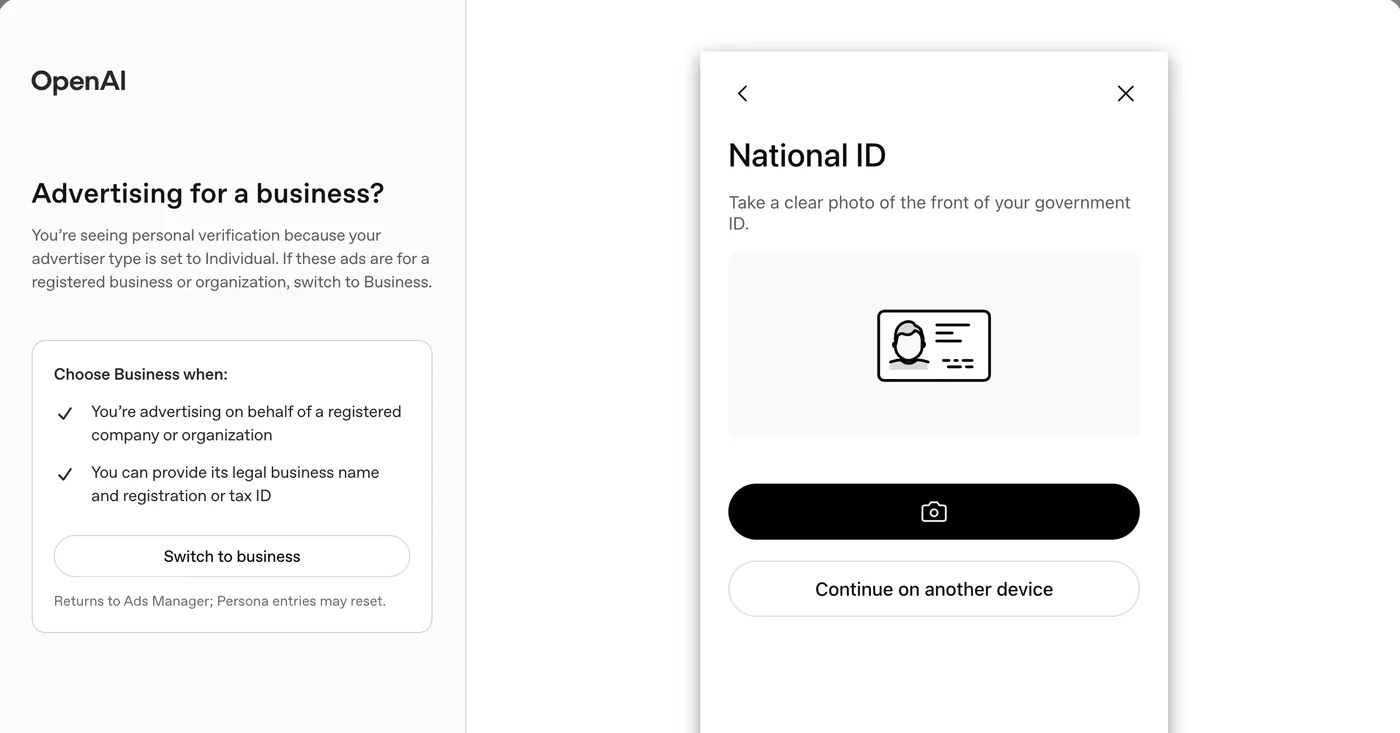 OpenAI 的身份驗證畫面：右邊要求拍攝 National ID，左邊是「Advertising for a business?」說明，可以按 Switch to business，改為提供公司法定名稱及註冊編號或稅務編號