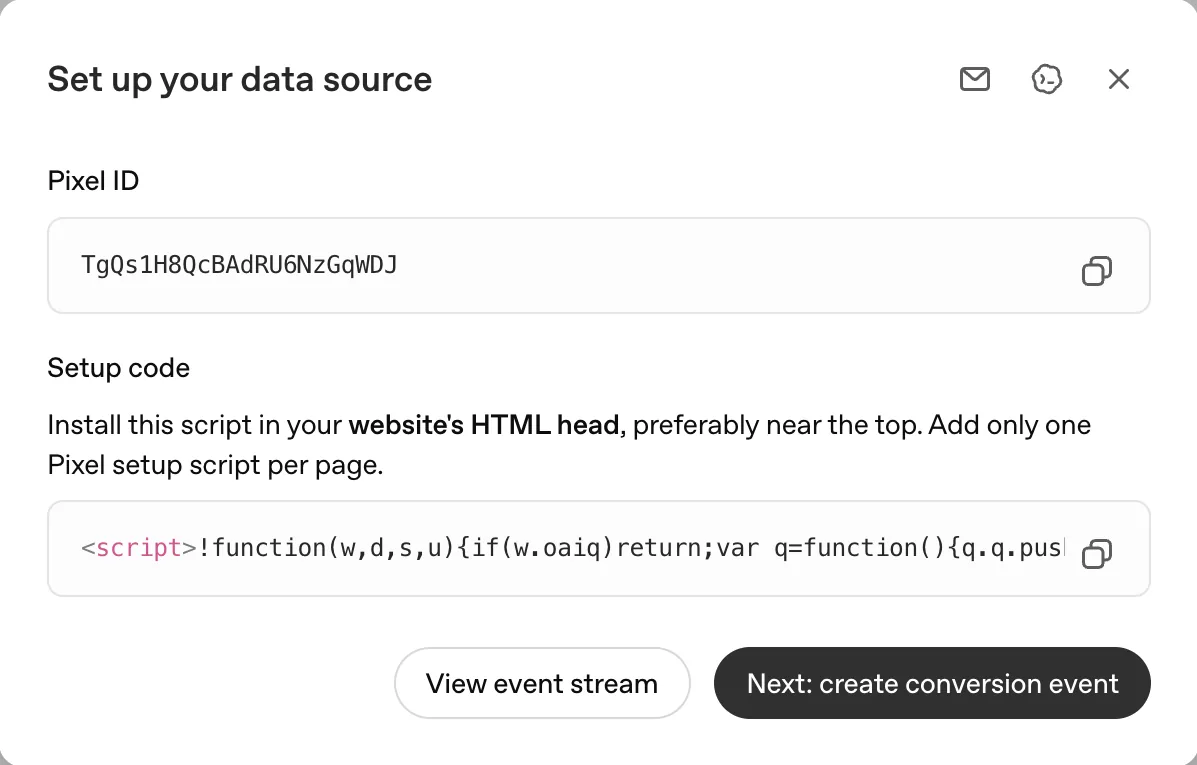 ChatGPT Ads Manager 的「Set up your data source」視窗：顯示 Pixel ID，以及要安裝在網站 HTML head 的 setup script