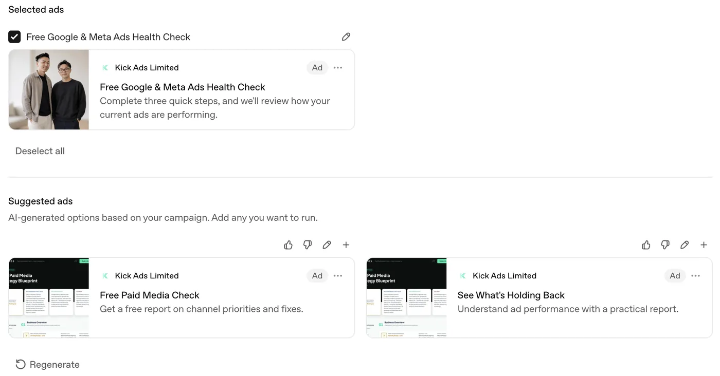 ChatGPT Ads Manager 的廣告設定頁：已選取一個 Kick Ads Limited 廣告，標題是「Free Google & Meta Ads Health Check」，下方是兩個 AI 生成的 Suggested ads，圖片取自 landing page