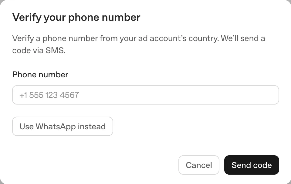 ChatGPT Ads Manager 的「Verify your phone number」視窗：要求輸入帳戶所屬國家的電話號碼，驗證碼經 SMS 發送，亦可以選擇改用 WhatsApp