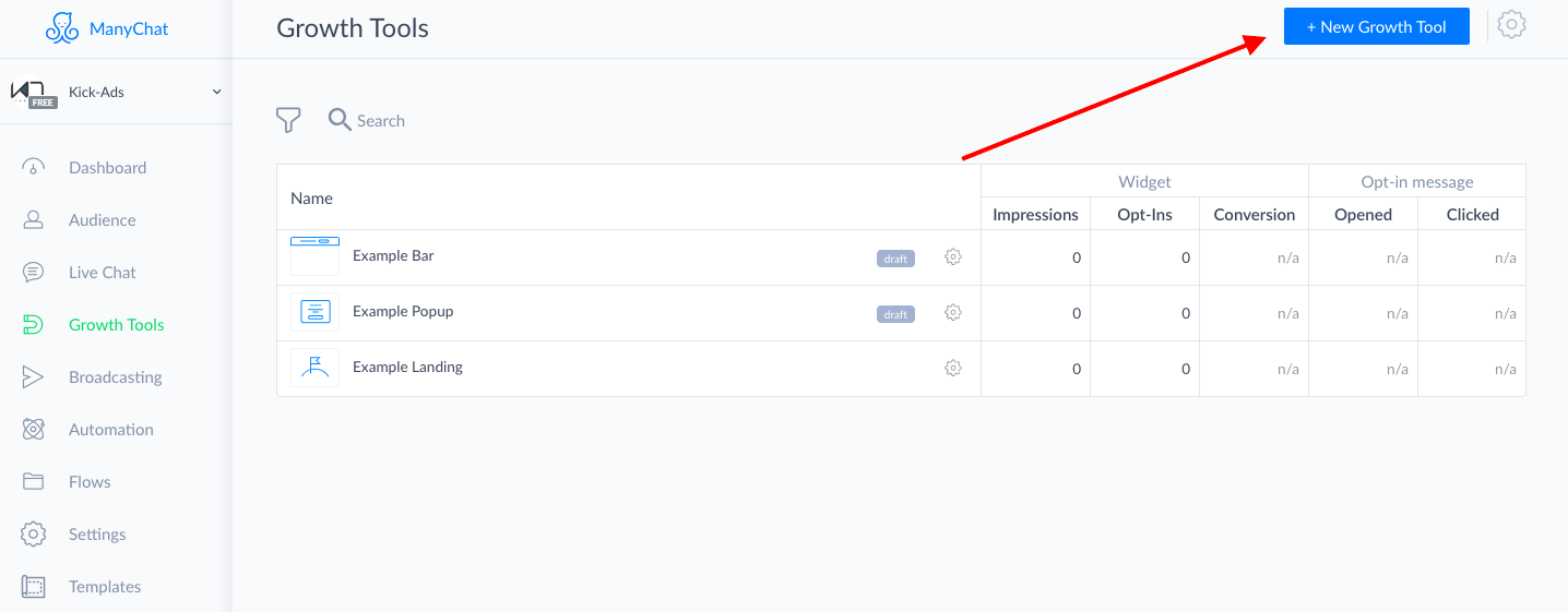 ManyChat Growth Tools 選單