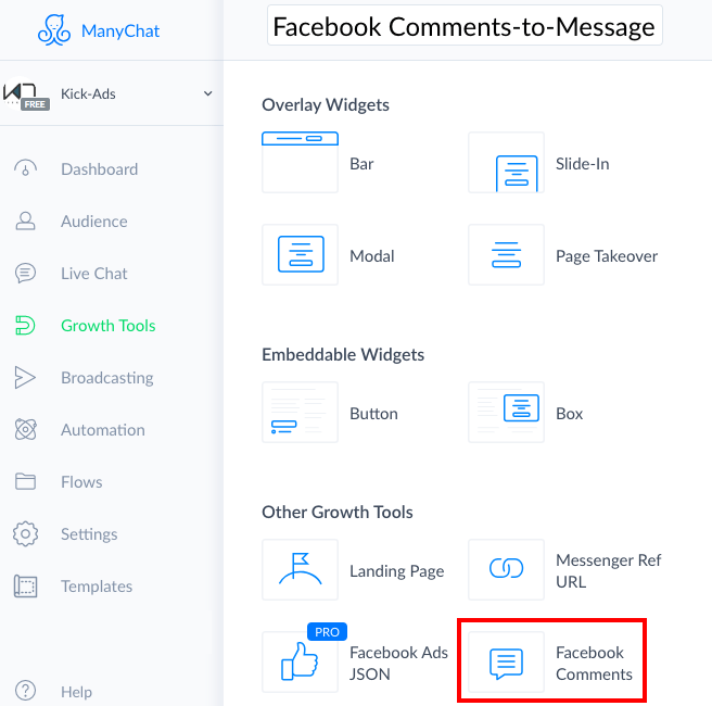 ManyChat 新增 Growth Tool 按鈕