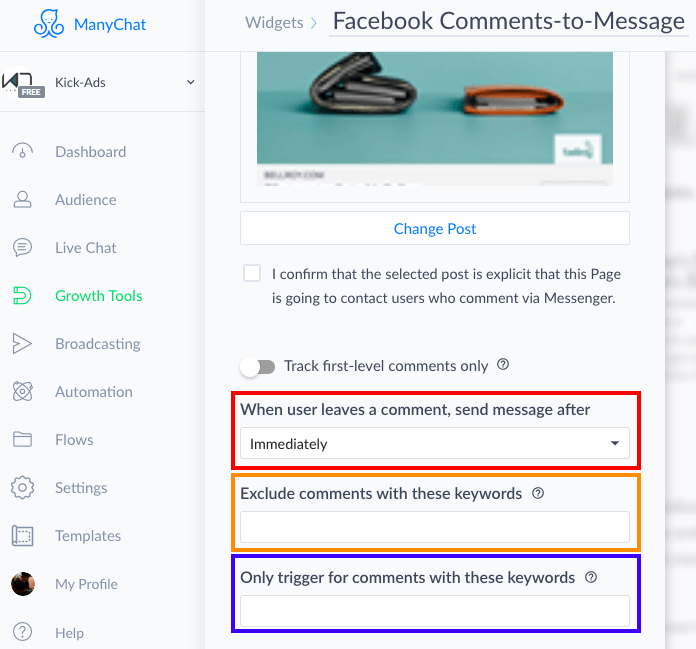 ManyChat 選擇要設定 Comment Reply 的帖文