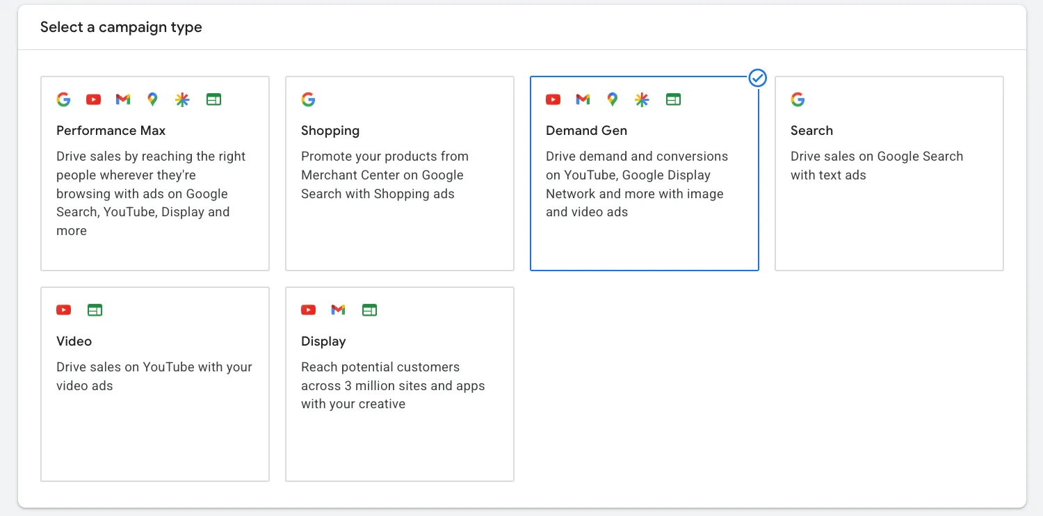 Choosing Demand Gen when creating a campaign in Google Ads — the visual campaign type spanning YouTube, Discover and Gmail