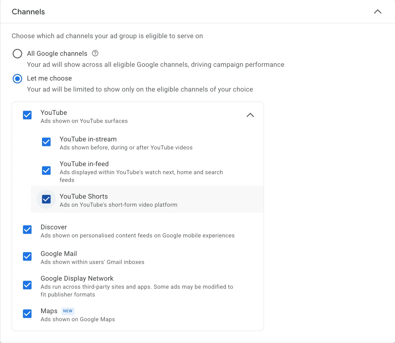 Google Ads screenshot of the Channels setting in a Demand Gen ad group in Kick Ads' Hong Kong account: Let me choose is selected, with YouTube in-stream, in-feed and Shorts, Discover, Google Mail, Google Display Network and Maps (marked New) ticked