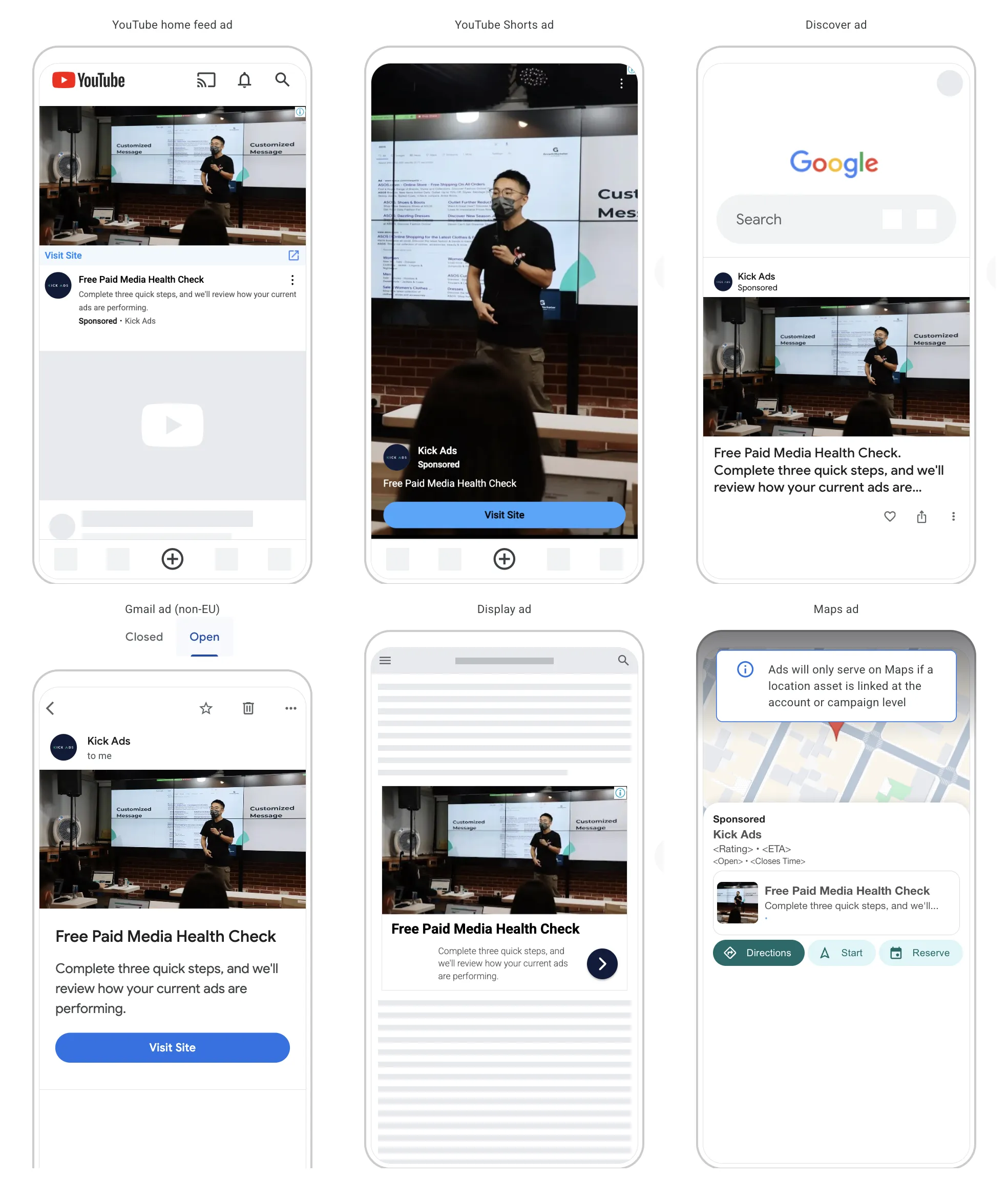 Google Ads previews of a Kick Ads Demand Gen ad in six placements: YouTube home feed, YouTube Shorts, Discover, Gmail (opened), Display and Google Maps