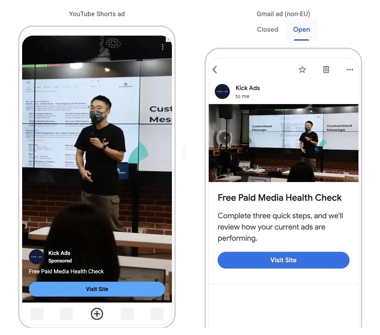 Google Ads previews of a Kick Ads Demand Gen image ad: a 9:16 full-bleed YouTube Shorts ad and the opened Gmail ad, each with a Visit Site button