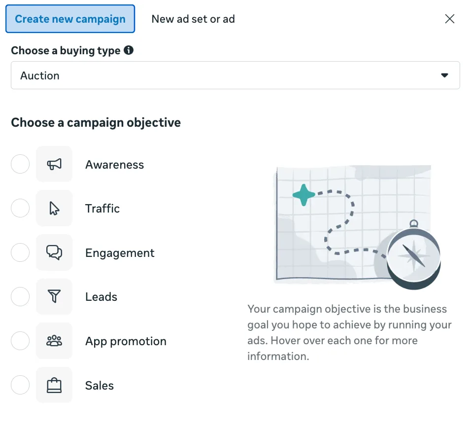 The "Choose a campaign objective" screen in Meta Ads Manager, with the six objectives: Awareness, Traffic, Engagement, Leads, App promotion and Sales