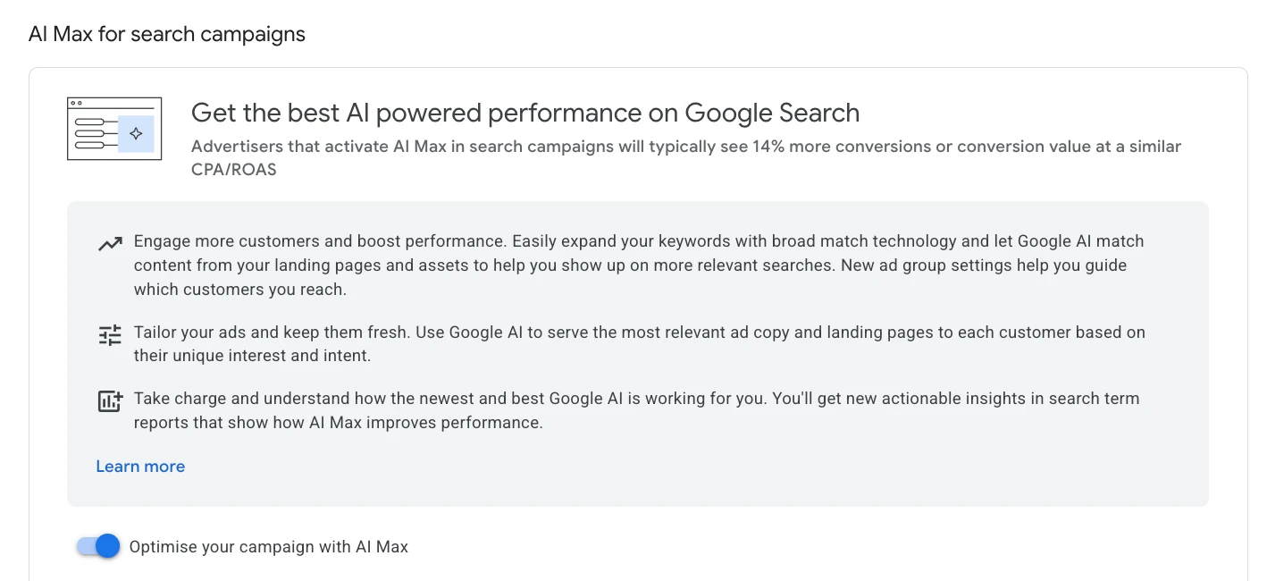 Google Ads AI Max for Search setup panel — Google's claim of typically 14% more conversions at a similar CPA/ROAS, and the Optimise-with-AI-Max toggle