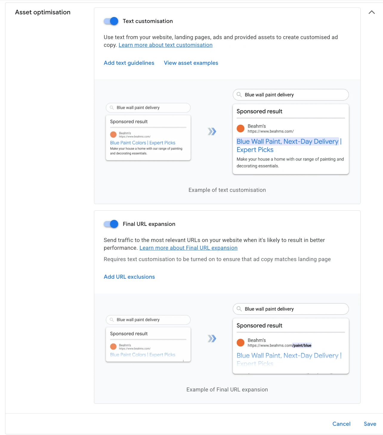 Google Ads AI Max asset optimisation — text customisation and final URL expansion settings with worked examples