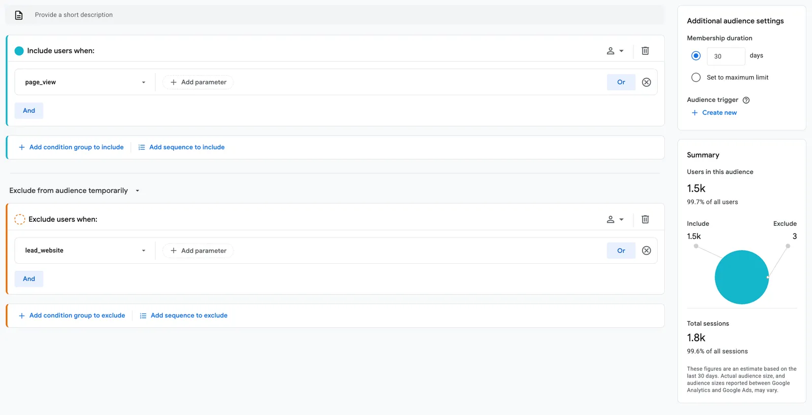 GA4 custom audience 設定畫面：Include 條件設 page_view、Exclude 設 lead_website，Membership duration 揀 30 天