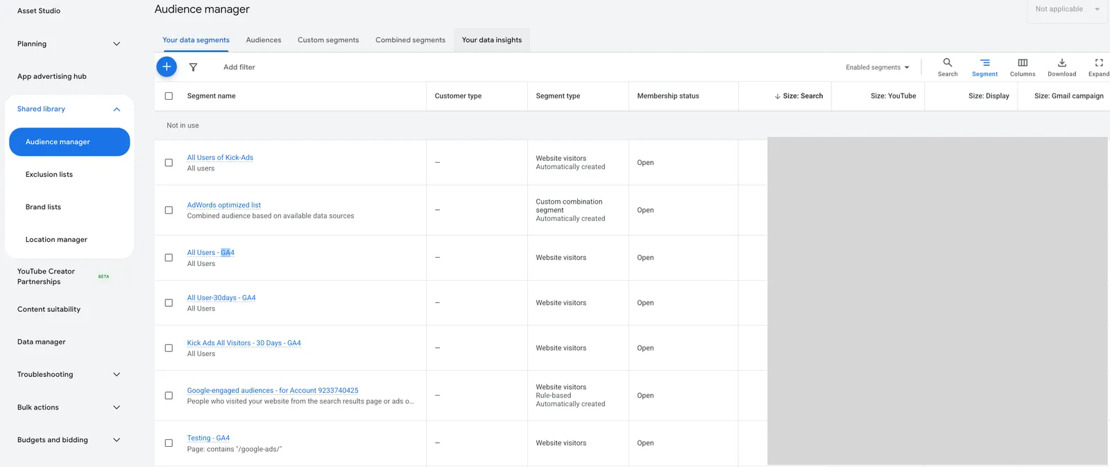 建立後的 audience 會同步到 Google Ads 的 Audience manager（Shared library），可直接用於 GDN／Search／YouTube 定位