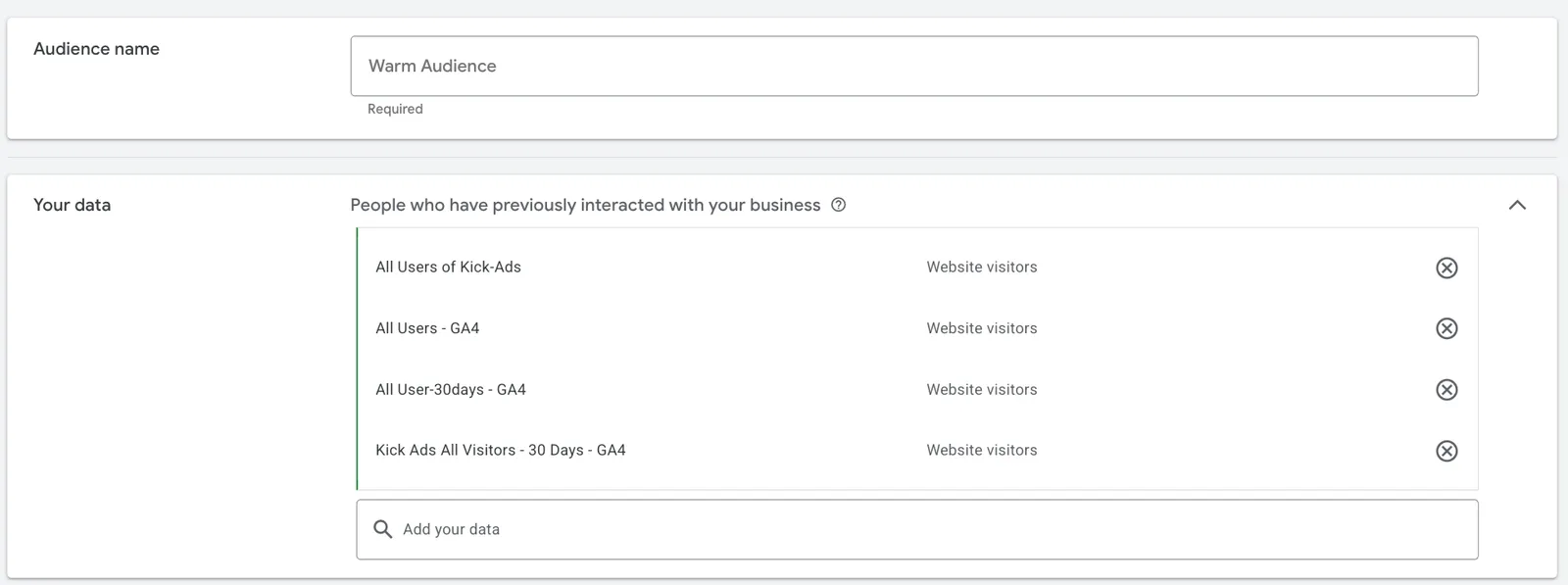 在 Google Ads 建立 Warm Audience，加入由 GA4 同步過來的網站訪客名單