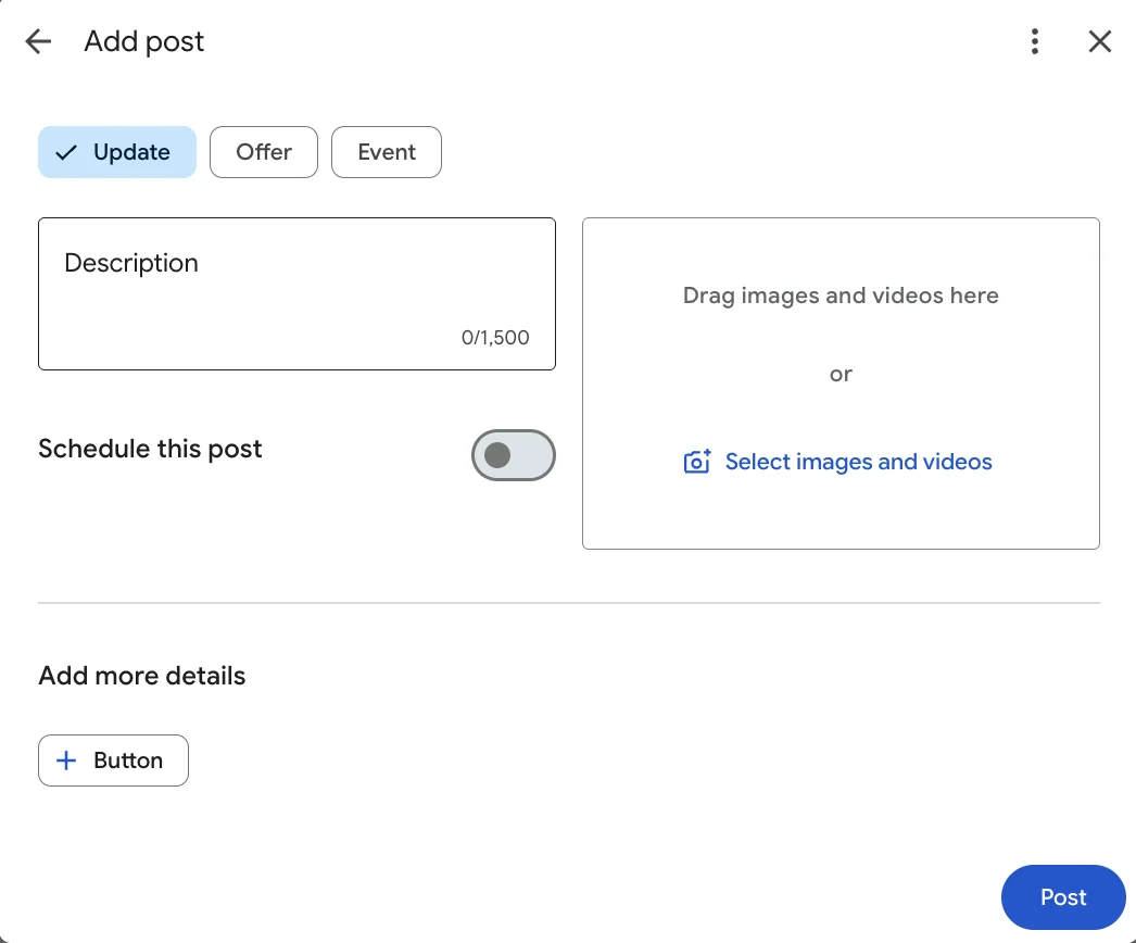 The Business Profile add post screen, with Update, Offer and Event types, image and video upload, and a button option