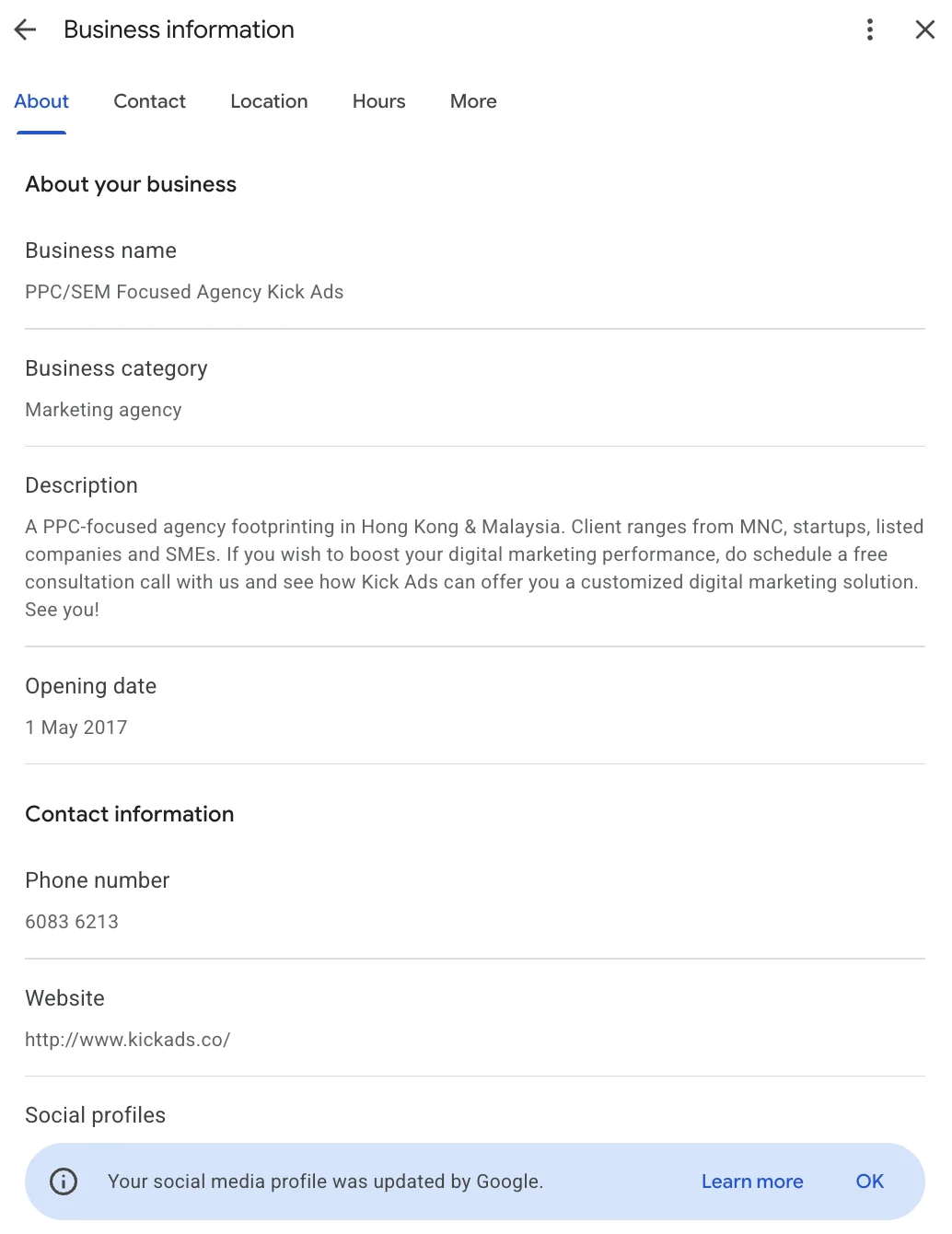The Business Profile business information screen, with business name, category, description, opening date and contact details