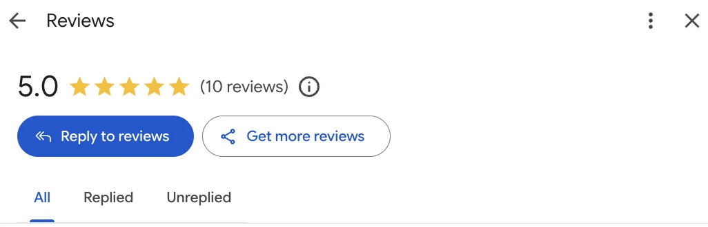 The Business Profile reviews screen, with reply and request-review actions and Replied / Unreplied filters