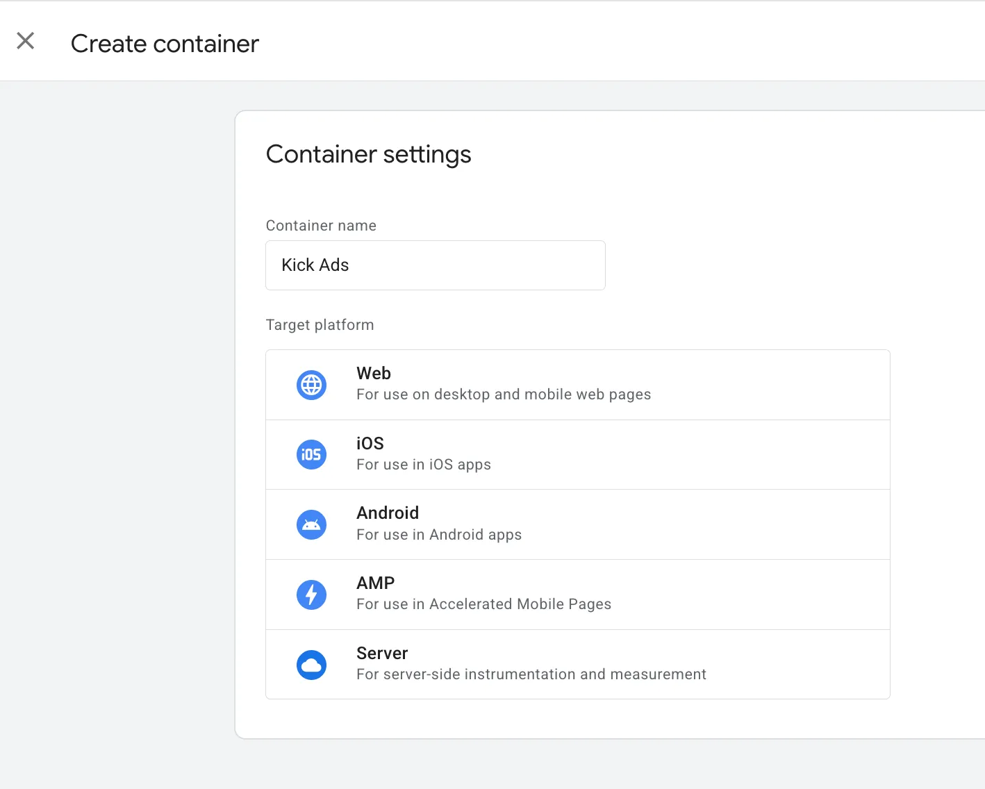 Creating a container in Google Tag Manager: enter a name and choose the Web platform