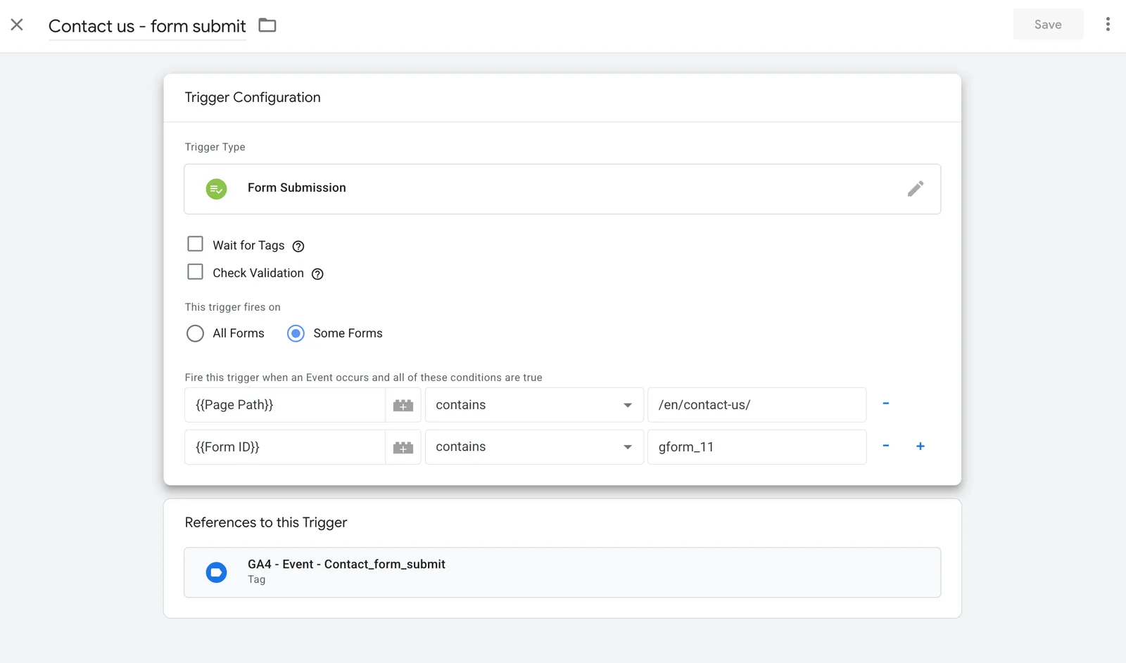 A Form Submission trigger that only fires on /en/contact-us/ when the Form ID is gform_11