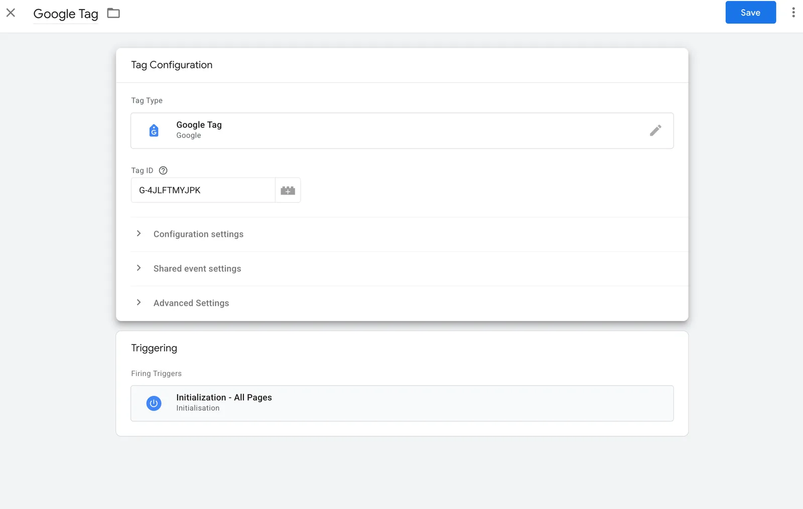 Configuring a Google Tag: Tag Type set to Google Tag with a Tag ID of G-XXXXXXXXXX