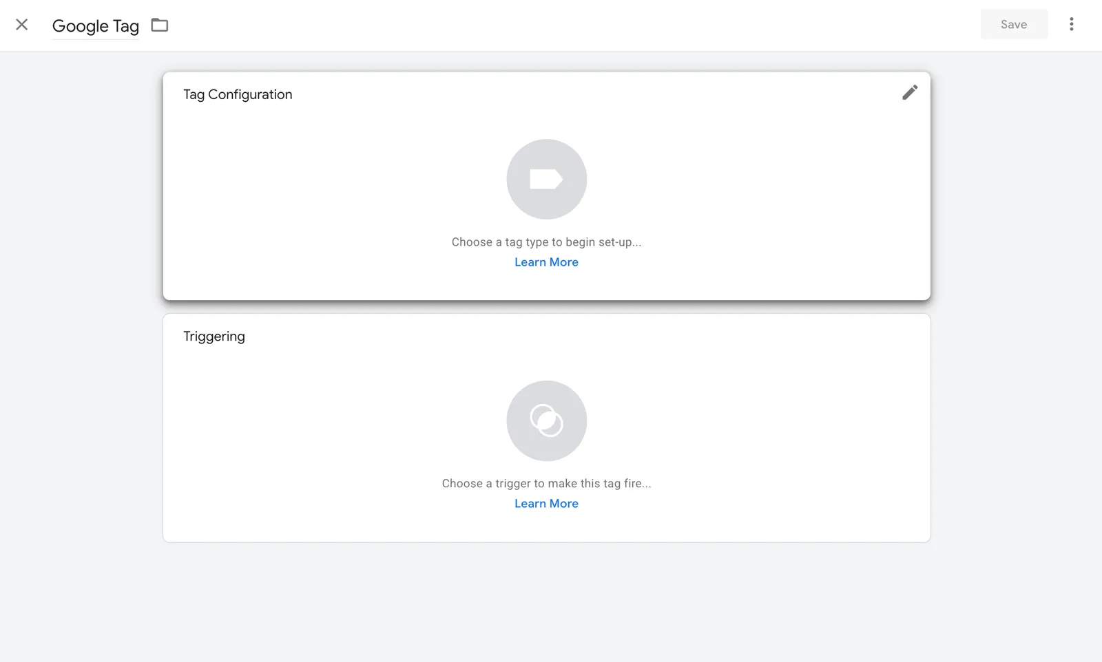 A new tag screen: Tag Configuration to choose a tag type, Triggering below to choose when it fires