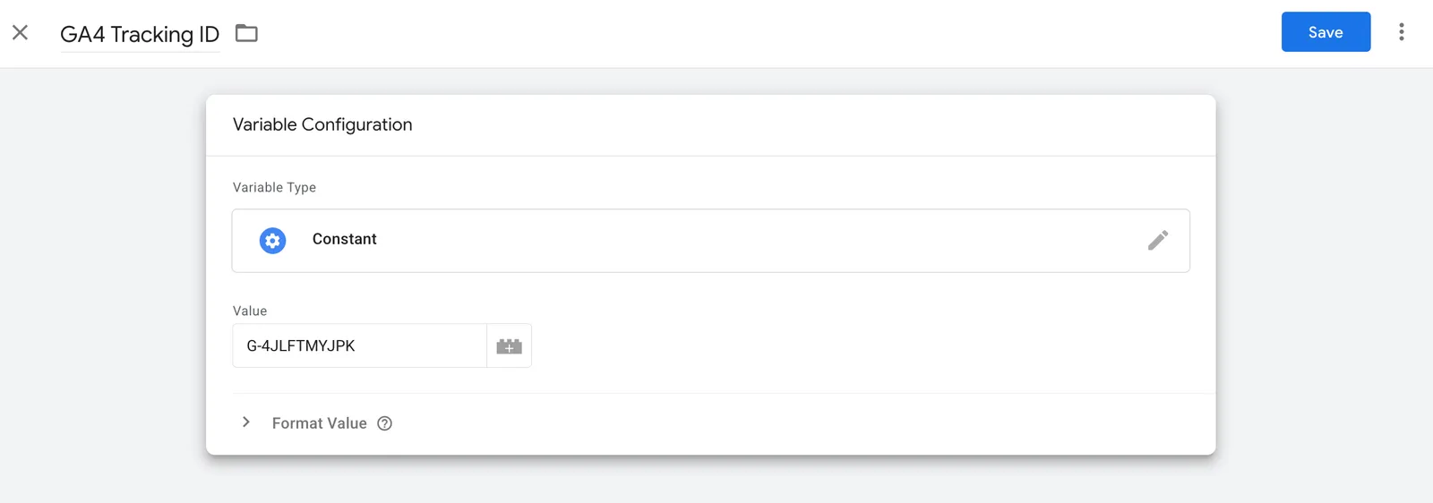 A Constant variable named "GA4 Tracking ID" with the Value set to G-XXXXXXXXXX