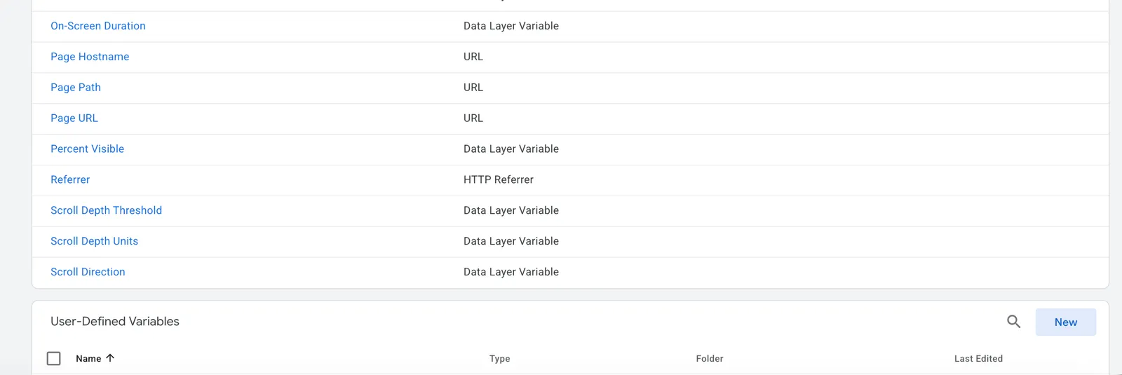 The GTM Variables page — scroll to User-Defined Variables and click New to create a custom variable