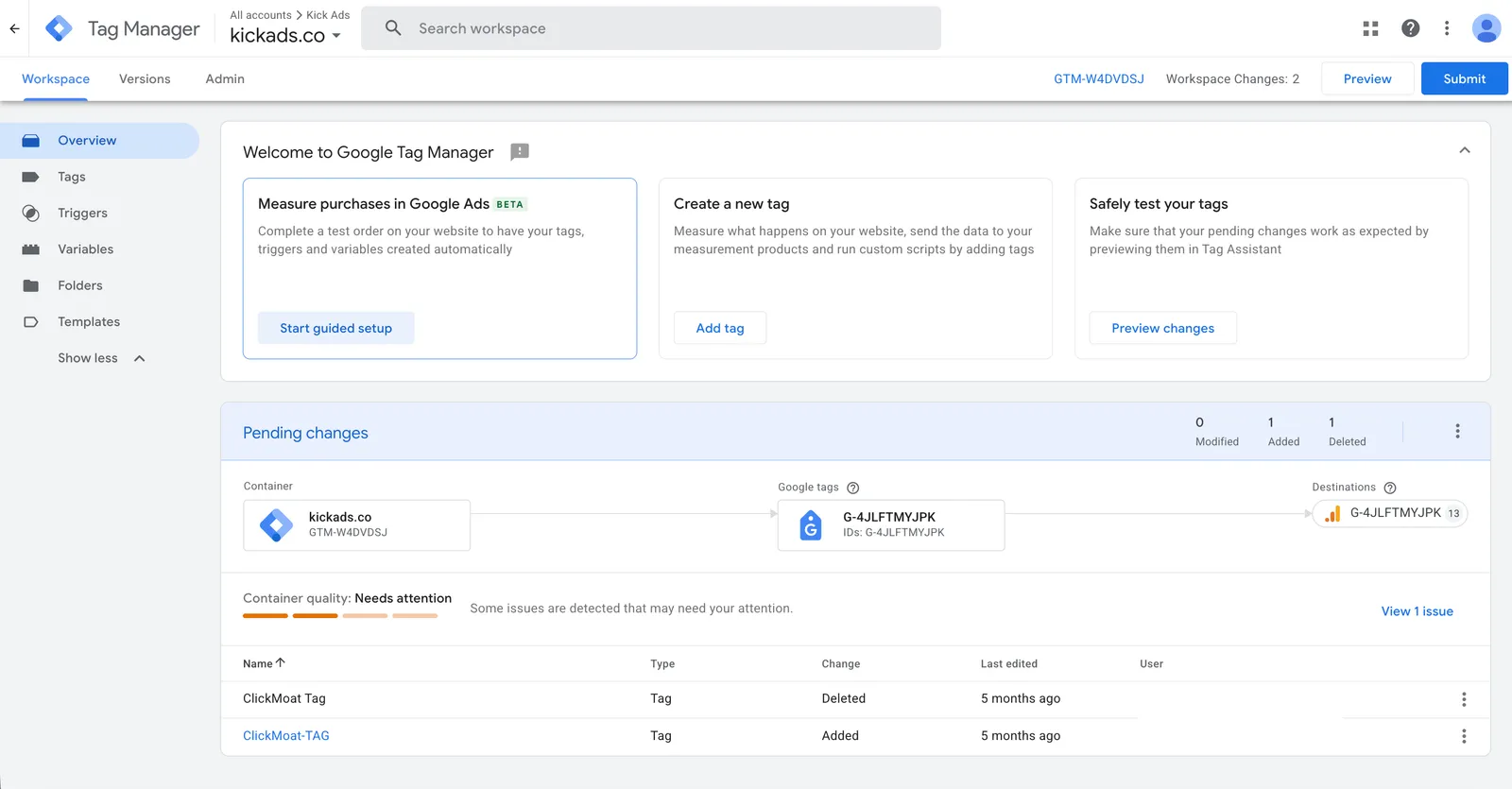 The GTM Workspace overview — Tags, Triggers and Variables in the left nav, Preview and Submit at the top right