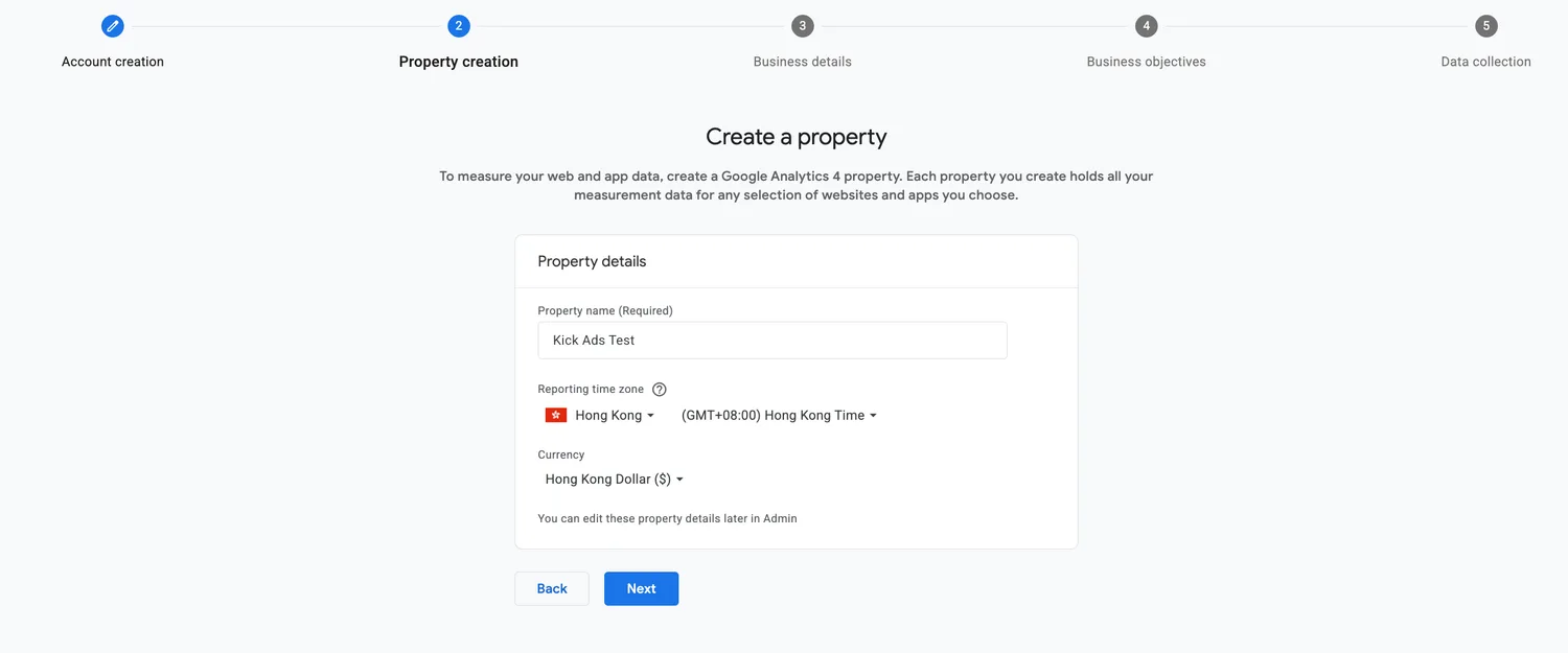 Creating a GA4 property — name, Hong Kong time zone and HKD currency