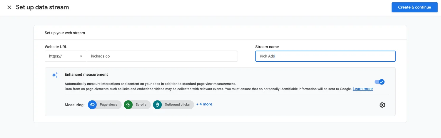 Setting up a GA4 web data stream — website URL, stream name and the Enhanced measurement panel