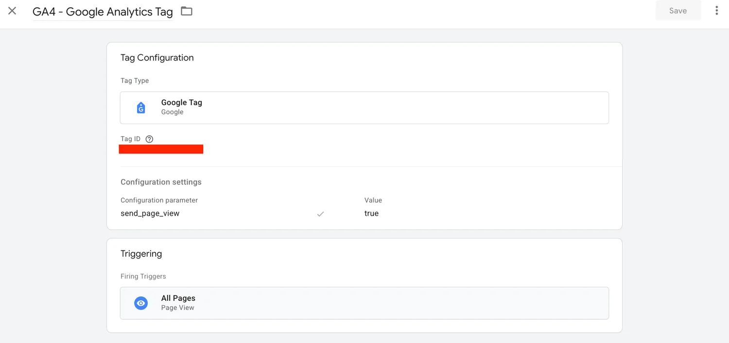 Configuring the Google tag in GTM — Tag ID is the GA4 Measurement ID, trigger set to All Pages
