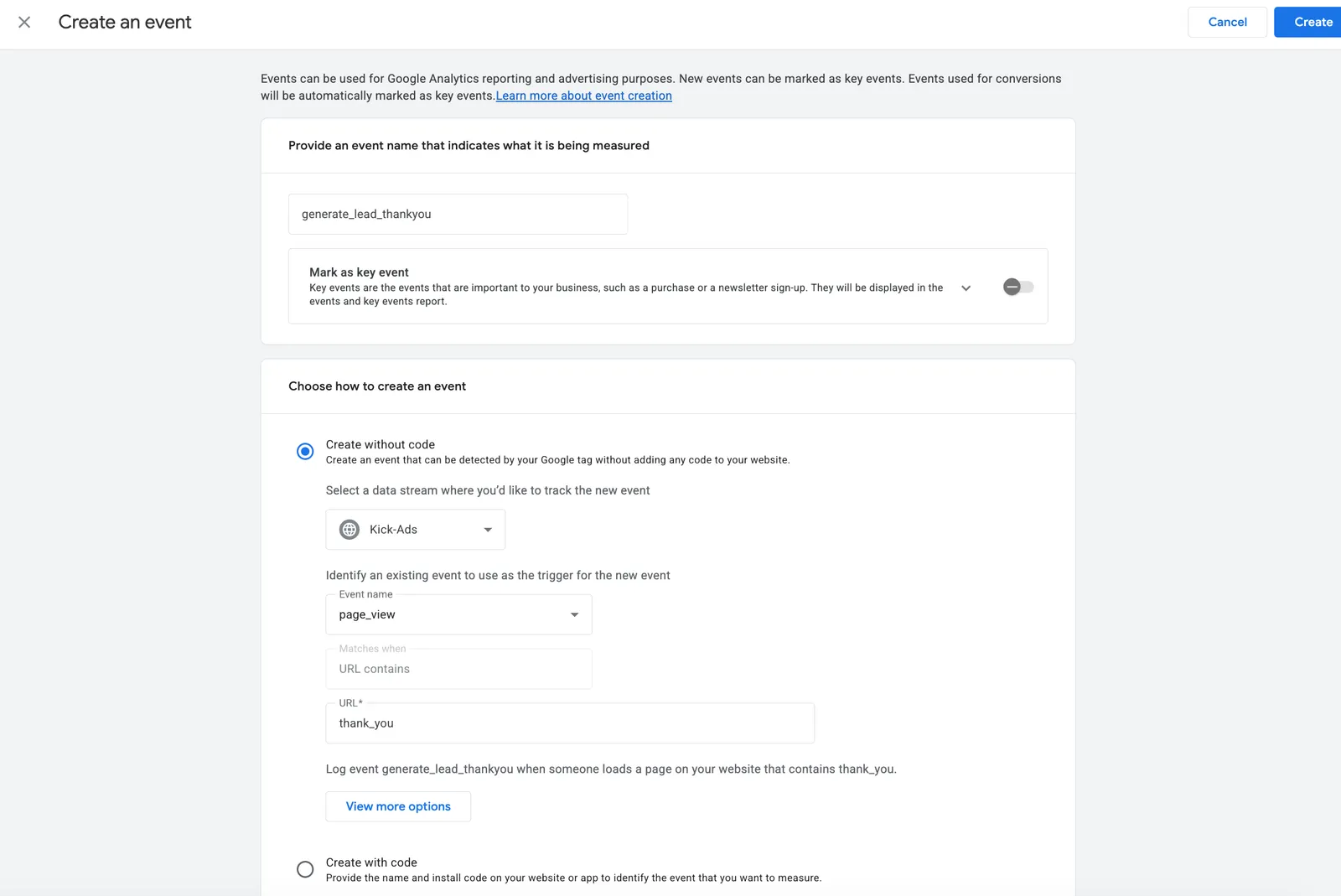 GA4 Create-event screen: new event generate_lead_thankyou triggered on page_view where the URL contains thank_you — logs a lead when the thank-you page loads