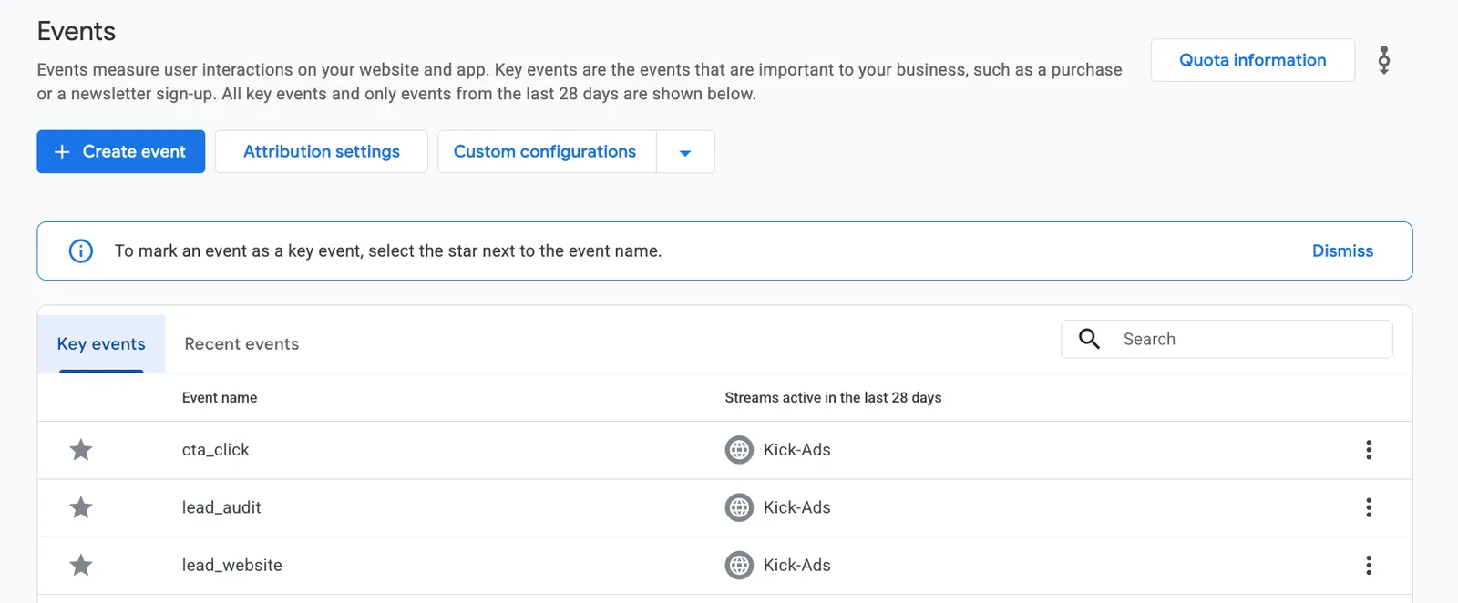 GA4 events list — click the star next to an event name to mark it as a key event