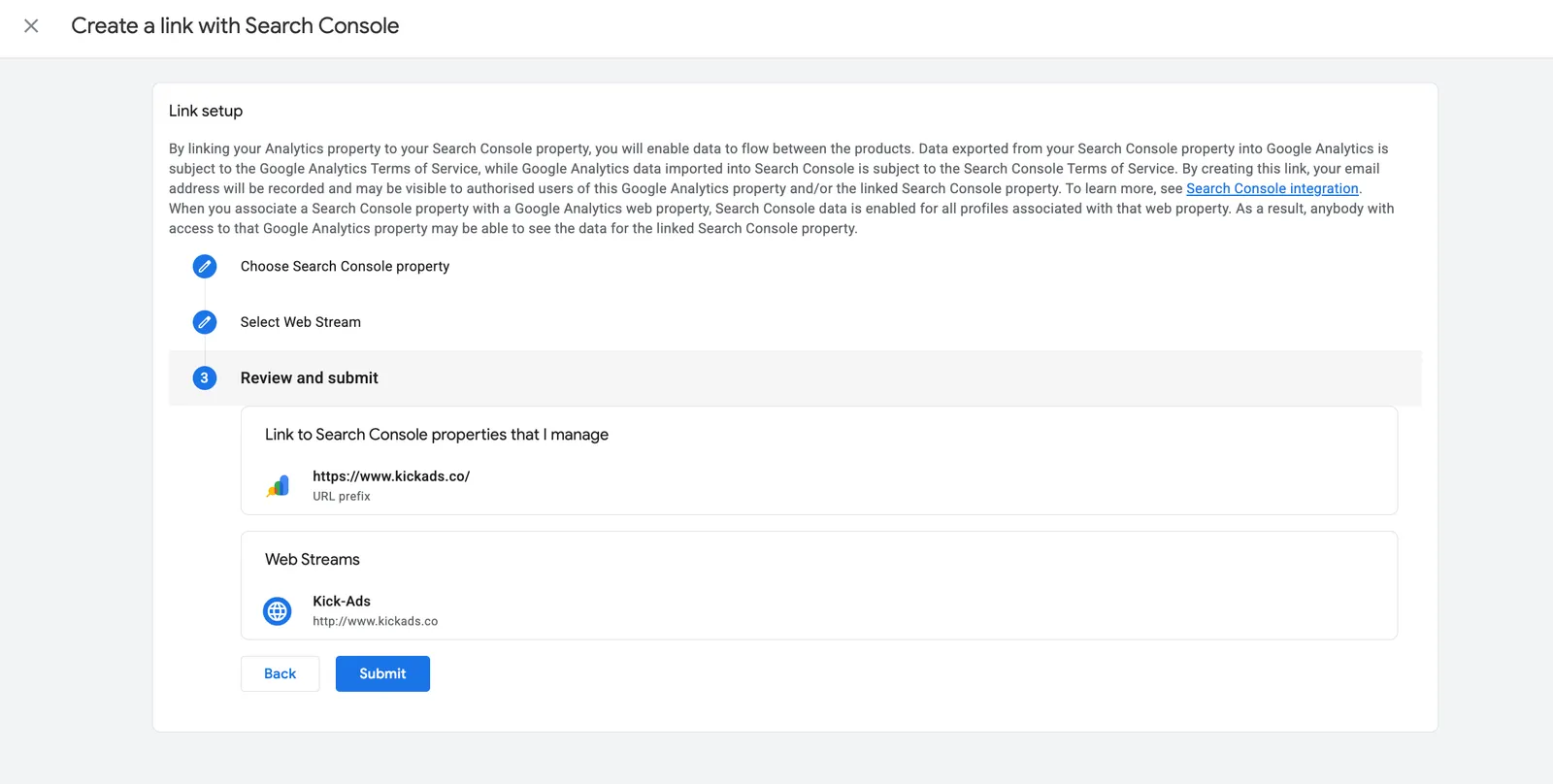Review-and-submit screen for linking Search Console to GA4 in the Admin panel