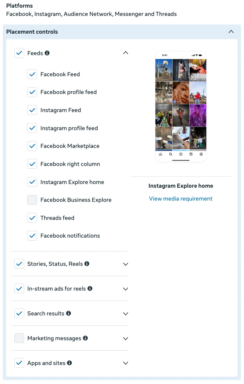 Placement controls in Meta Ads Manager — Feeds, Stories, Reels and more, via Advantage+ placements or manual selection