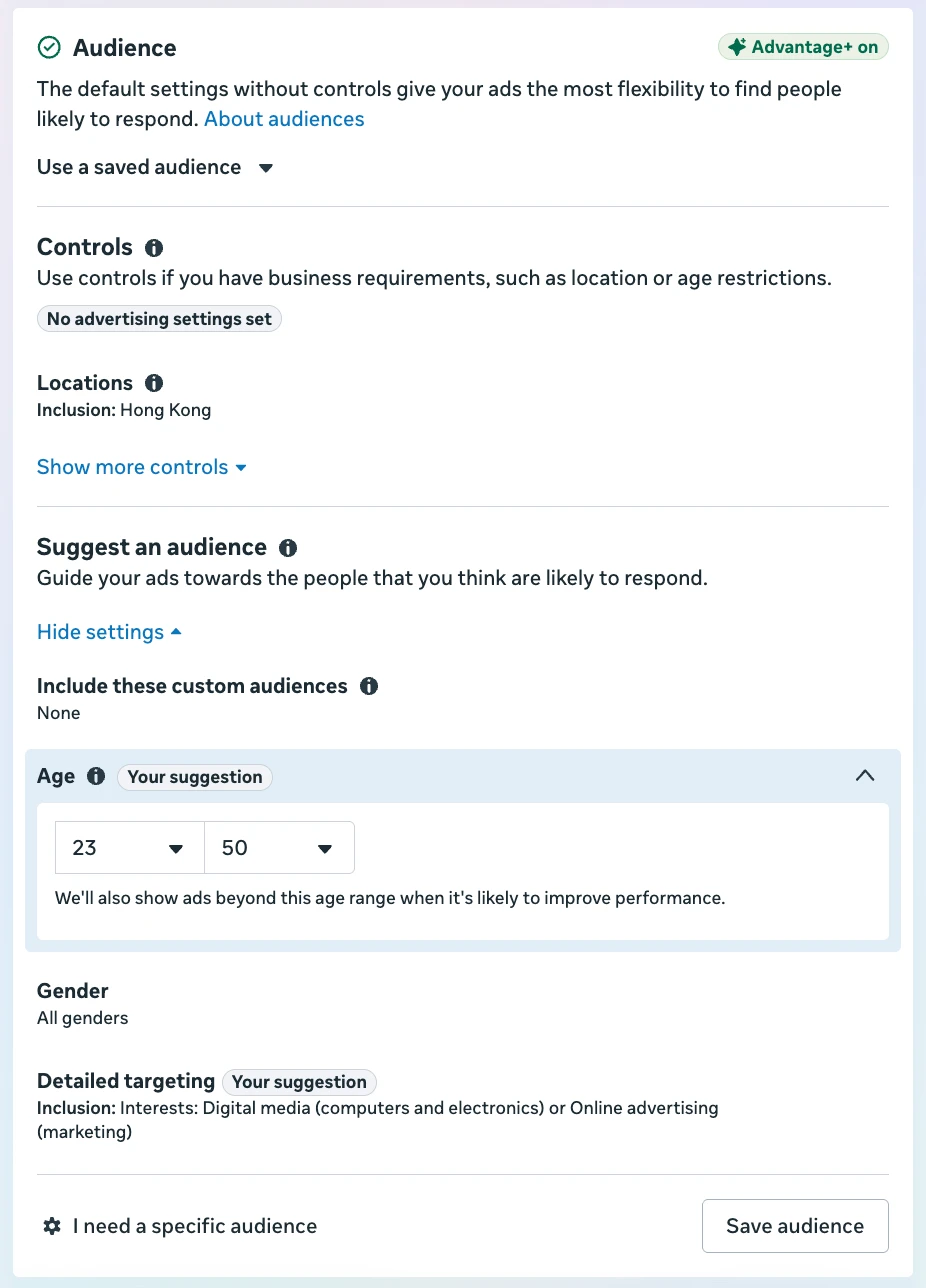 Ad set audience settings in Meta Ads Manager — Advantage+ audience, location, age and detailed targeting