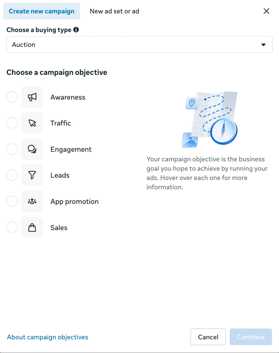 The campaign objective selection screen in Meta Ads Manager, showing the six objectives: Awareness, Traffic, Engagement, Leads, App promotion and Sales