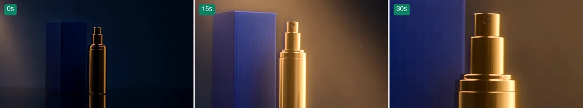 Frames at 0s, 15s and 30s of the same generation: the camera pushes in while the product and scene hold