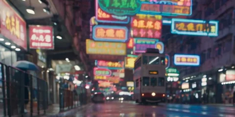 Close-up of background neon signs rendered as pseudo-Chinese characters