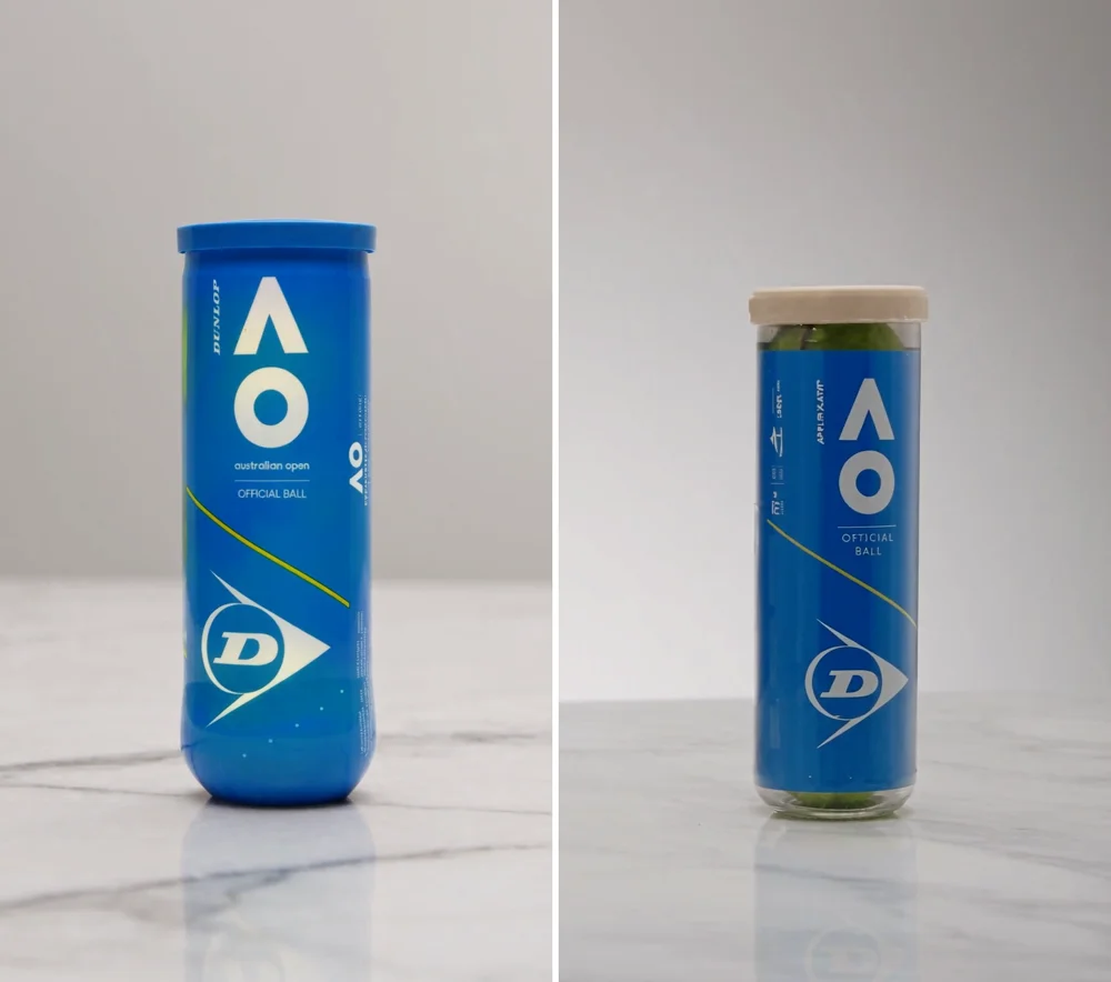 Side-by-side of the Dunlop label rendered perfectly in one take and garbled in another from the same reference image