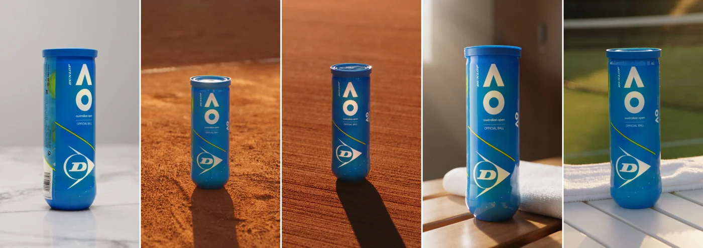 One product holding its label across five generated scenes from the same reference image