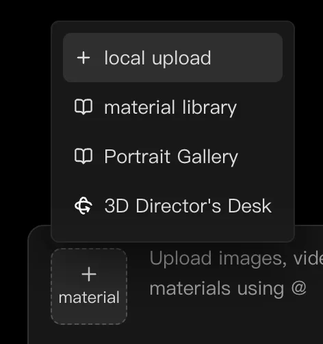 The material menu on the Lumina composer: local upload is where your product shot goes