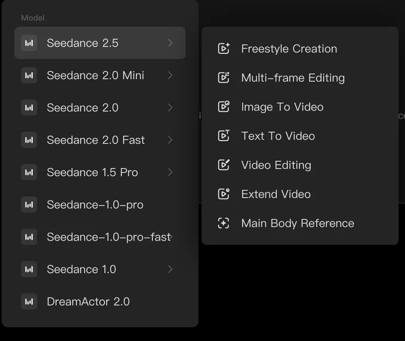 The Lumina model menu: Image To Video, Text To Video and Extend Video under Seedance 2.5