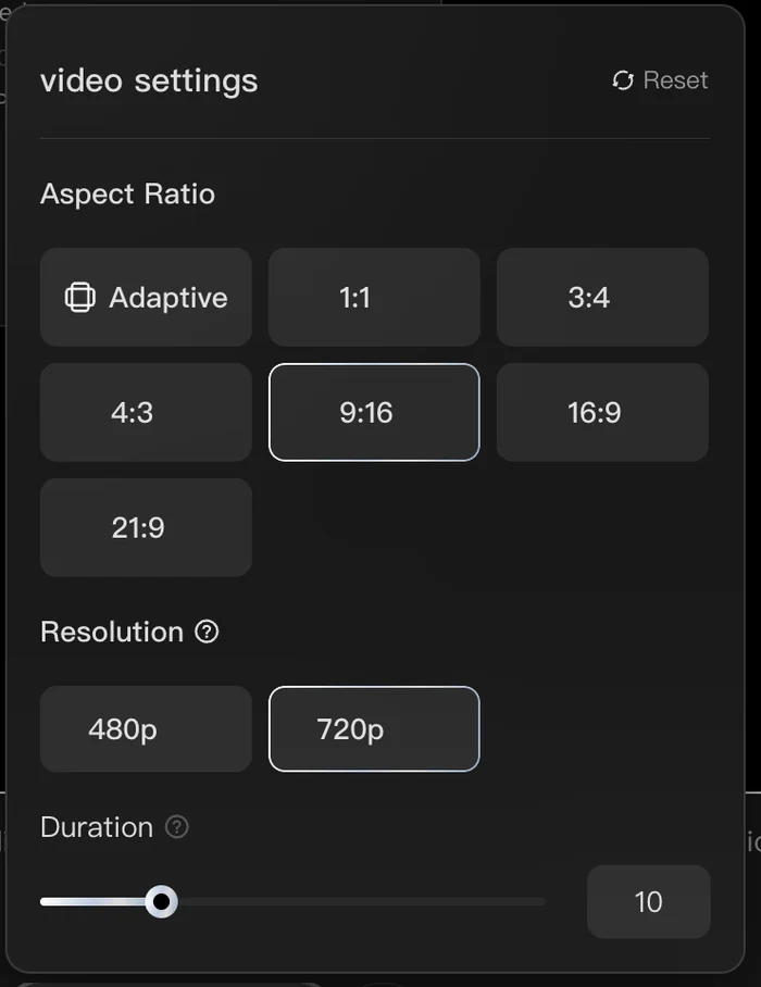 The Lumina video settings panel: aspect ratio, resolution and duration