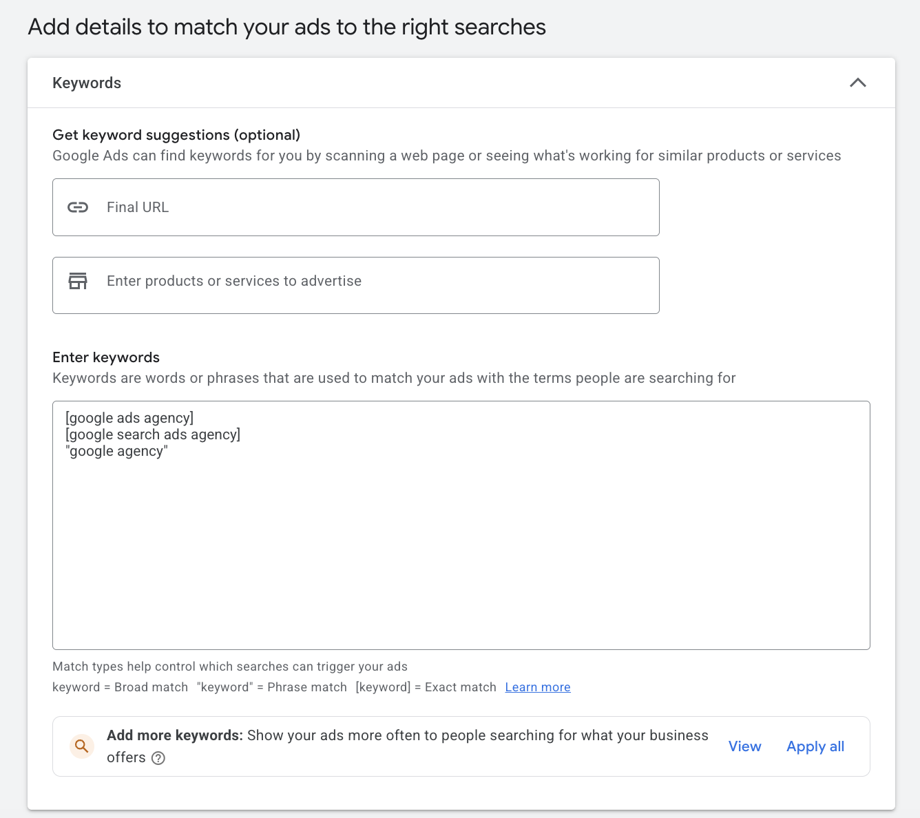 Keyword setup