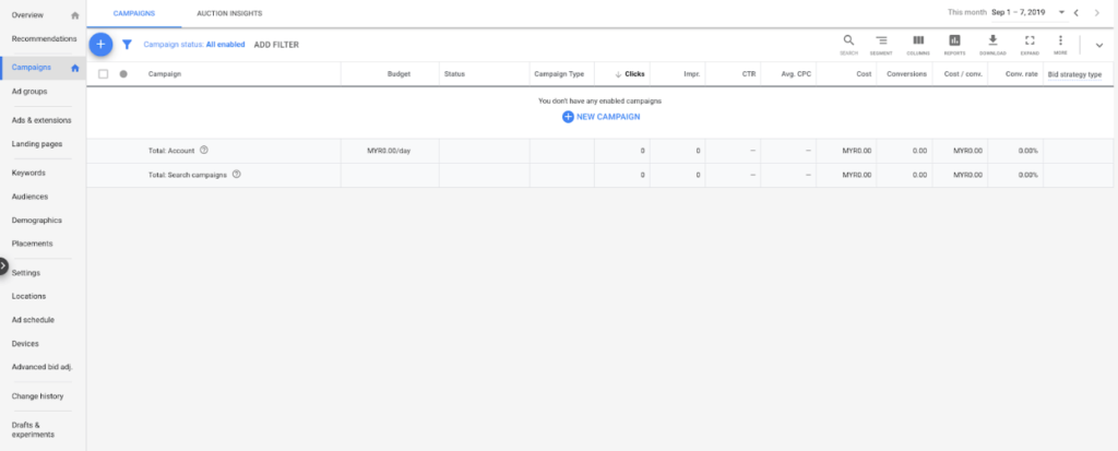 Google Ads 建立新 campaign 的畫面